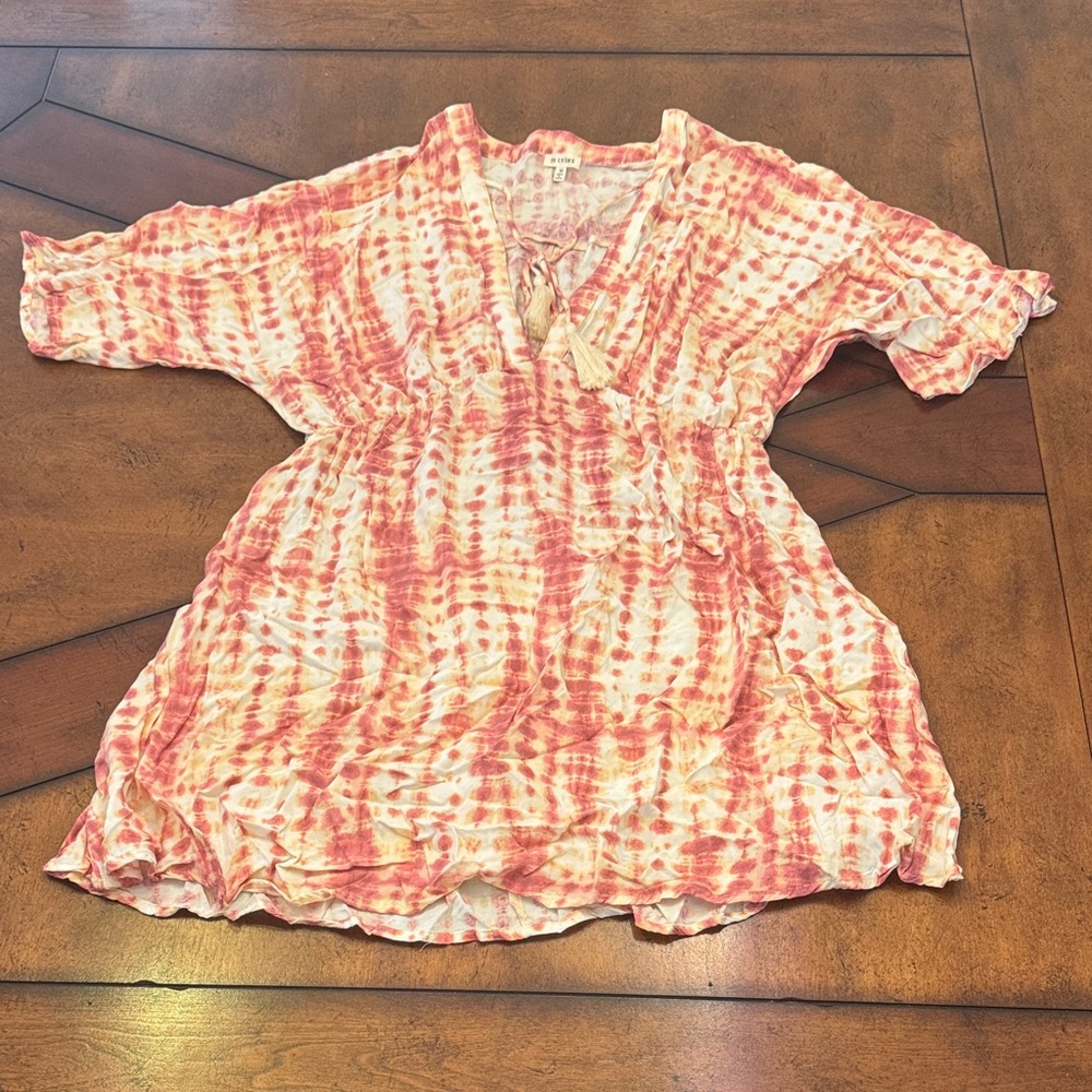 En Creme Tie-Dye Mini Dress in Pink and Cream